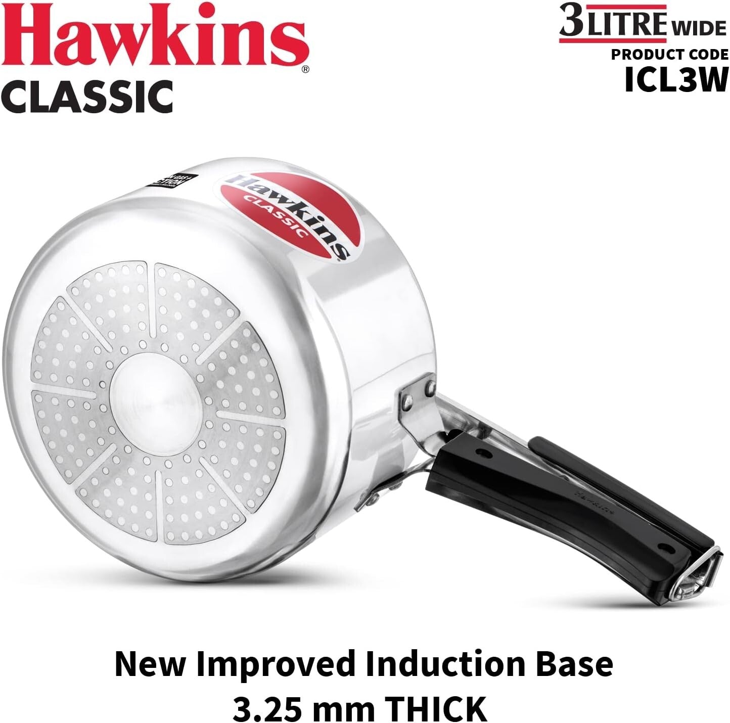 Hawkins Classic Induction Compatible Wide Pressure Cooker, 3 Litre Capacity